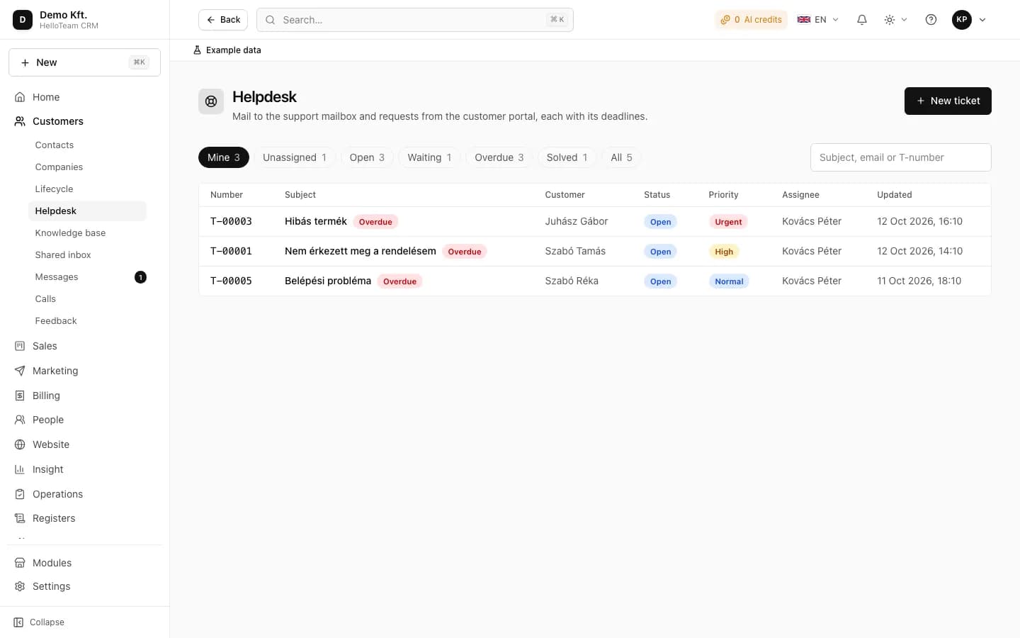 The ticket list in the demo company, with overdue promises and priorities